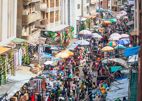 Busy market strees in Lagos, Nigeria, West Africa
