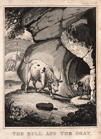 Vintage illustration of a scene from Aesop's Fables, or the Aesopica, is a collection of fables credited to Aesop,  1820s. The Bull and The Goat, Moral, It shows an evil disposition to take advantage of a friend in distress
