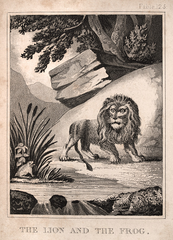 Vintage illustration of a scene from Aesop's Fables, or the Aesopica, is a collection of fables credited to Aesop,  1820s. The Lion And The Frog, Moral It is silly to fear anything without complete knowledge of it