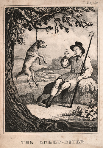 Vintage illustration of a scene from Aesop's Fables, or the Aesopica, is a collection of fables credited to Aesop,  1820s. The Sheep-Biter. A Shepherd trusted his dog with the sheep. The dog was caught biting and killing sheep and at sentencing for the crime begged for his life. Dog gone