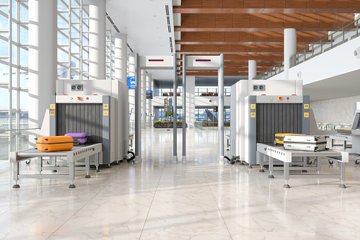 Front View Of Airport Security Checkpoint With X-Ray Scanner Scanning Luggages. 3D Rendering