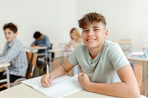 Portrait of smiling young teenage boy looking at camera while sitting in classroom. Education, learning and people concept