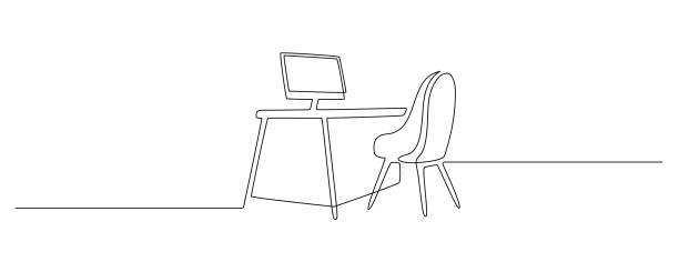 Office desk with desktop and chair in one continuous line drawing. Stylish furniture for home office room interior in simple linear style. Editable stroke. Doodle vector illustration Office desk with desktop and chair in one continuous line drawing. Stylish furniture for home office room interior in simple linear style. Editable stroke. Doodle vector illustration. corporate office cubicle stock illustrations