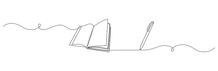 istock Opened book and pen in one continuous line drawing. Education study and knowledge library concept in simple linear style. Editable stroke. Doodle vector illustration 1484933174