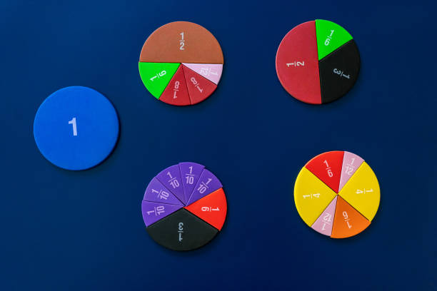 istock Math fractions on blue background. Interesting math for kids. Education, back to school concept. Geometry and mathematics materials. Close up 1484933384