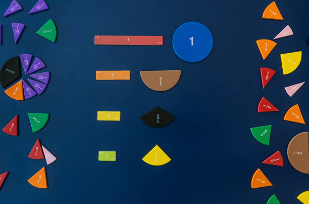istock Math fractions on blue background. Interesting math for kids. Education, back to school concept. Geometry and mathematics materials. Close up 1484933389