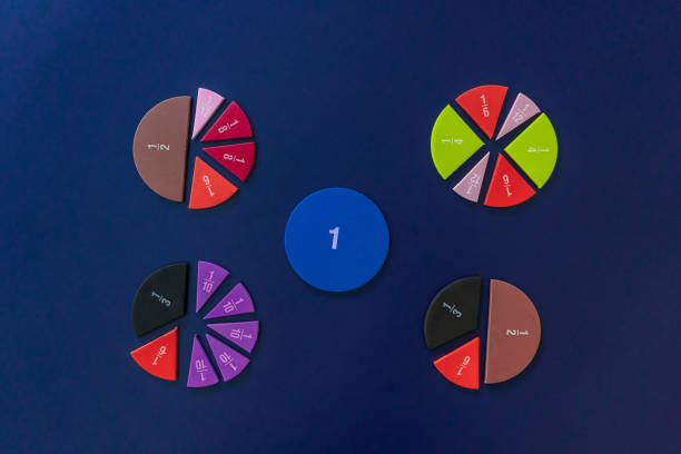 Math fractions on blue background. Interesting math for kids. Education, back to school concept. Geometry and mathematics materials. Close up