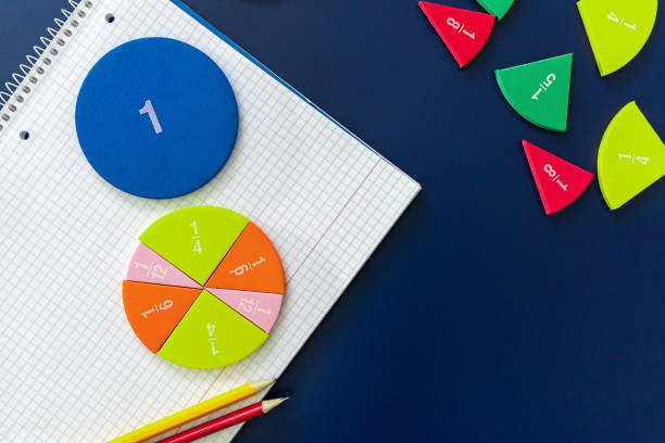 istock Math fractions on blue background. Interesting math for kids. Education, back to school concept. Geometry and mathematics materials. Close up 1484933398