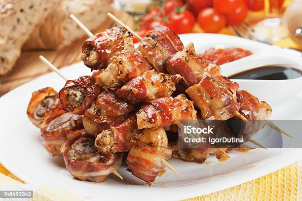 Bacon Chicken And Mushroom Kebab Skewer Stock Photo - Download Image Now - Bacon, Chicken Meat, Skewer