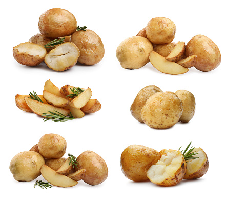 Set with delicious hot baked potatoes on white background
