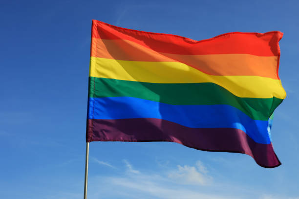 istock Bright LGBT flag fluttering against blue sky 1484940297