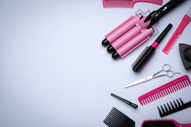 istock Flat lay composition with modern hair triple curling iron on white background, space for text 1484940878