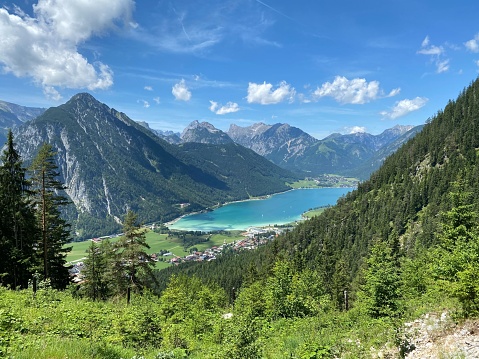 An aerial view of the rocky scenic Austrian Alps near the Achensee Lake