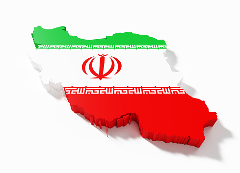 International border of Iran textured with Iranian flag on white background. Horizontal composition with clipping path and copy space.