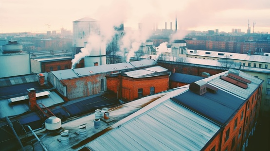 An aerial view of a bustling cityscape, featuring numerous buildings and structures, punctuated by billowing smoke rising from the rooftops