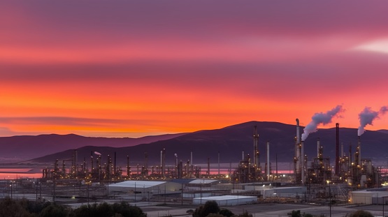An idyllic sunset view of a sprawling oil refinery situated among fog-covered mountains in the distance