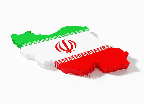 International border of Iran textured with Iranian flag on white background. Horizontal composition with clipping path and copy space.