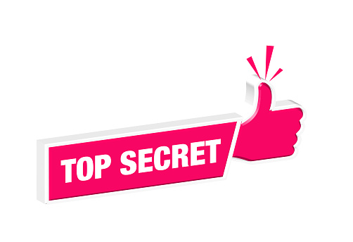 Top secret written thumbs up symbol on white background. Horizontal composition.