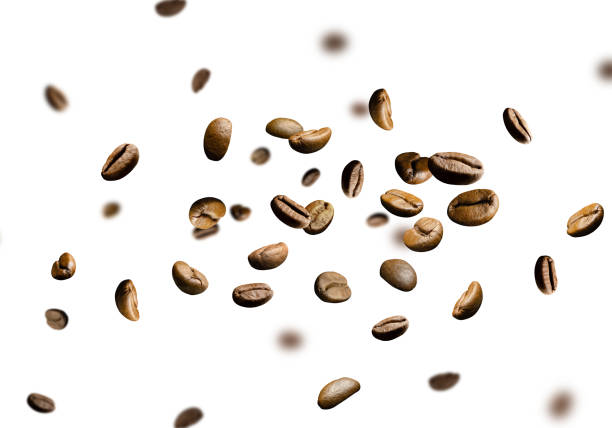 istock Coffee beans fly and levitate in space. Isolated on white 1484943370