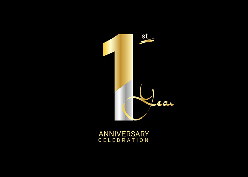 1 Years Anniversary Celebration gold and silver Vector Template, 1 number logo design, 1st Birthday Logo,  logotype Anniversary,  Vector Anniversary For Celebration, poster, Invitation Card