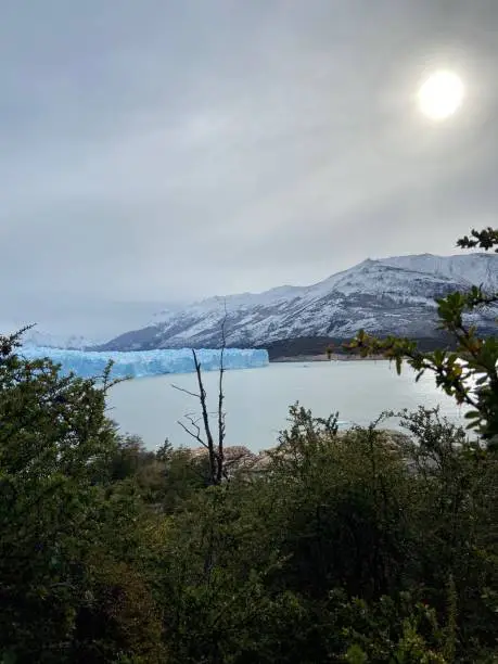 Patagonia Argentina, under the green vegetation you can see the great blue glacier, in the background the rock covered with snow and above the sun between the clouds.