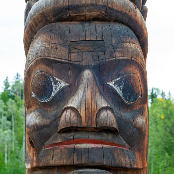 Totem Pole, Totem pole close up of the Gitxsan First Nations natives, Ksan Historical Village, Hazelton, British Columbia, Canada. smithers british columbia stock pictures, royalty-free photos & images