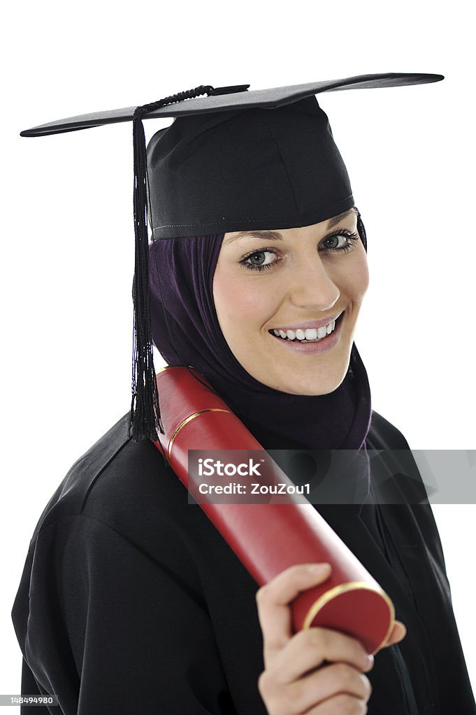 Happy graduate arabic  muslim student with diploma Achievement Stock Photo