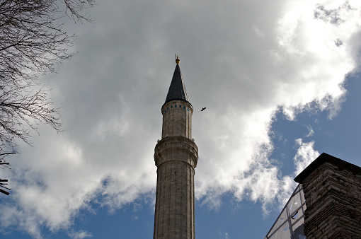 Istanbul, Turkey - April 10, 2015: Bird flying next to one of the four minarets of the Hagia Sophia mosque