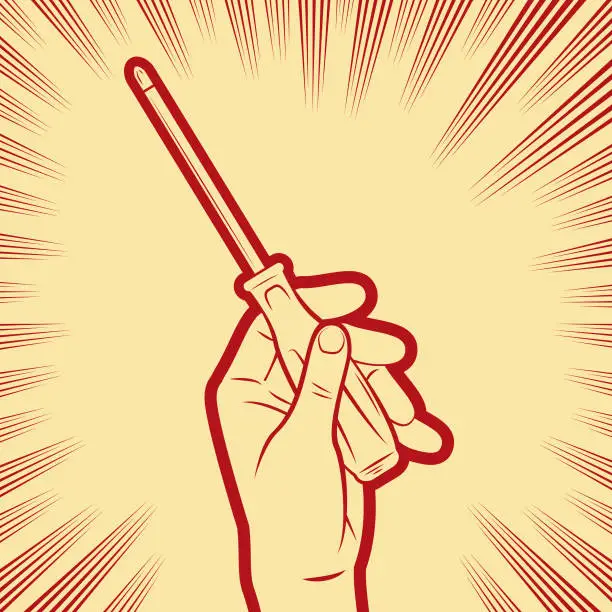 Vector illustration of A hand holding a screwdriver in the background with radial manga speed lines