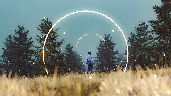 Fantasy landscape with woman walking towards mysterious circles. 3D generated image.