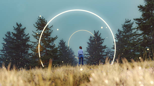 fantasy landscape with woman walking towards mysterious circles - magical place imagens e fotografias de stock