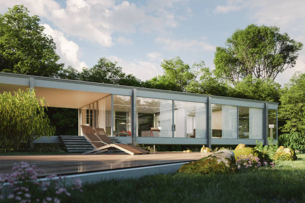 maison moderne avec jardin verdoyant - garden pavilion photos et images de collection