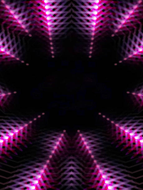 Purple abstract towers of light are pointing inward as if towards a target.  Copy space is in the center of the image