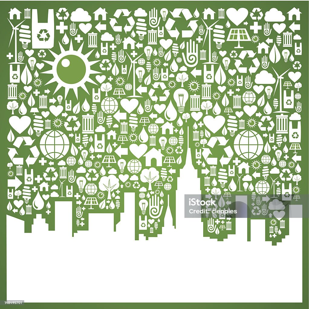 Go green city background Green icons set in city silhouette background. Vector file available. Abstract stock vector