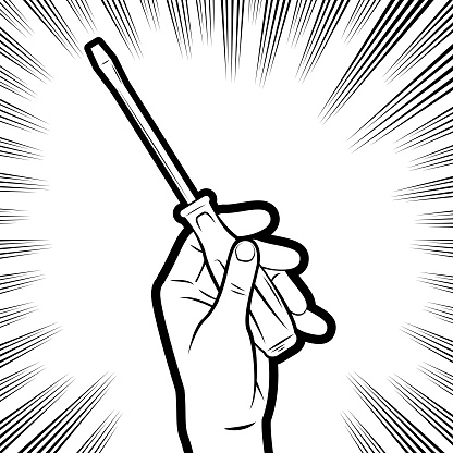 Design Vector Art Illustration.
An original illustration of a hand holding a slotted screwdriver in the background with radial manga speed lines.
A slotted screwdriver is a flat-head or flat-blade screwdriver.