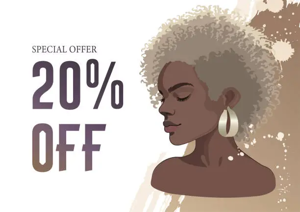 Vector illustration of African girl in a frame with short curly hair over splashes
