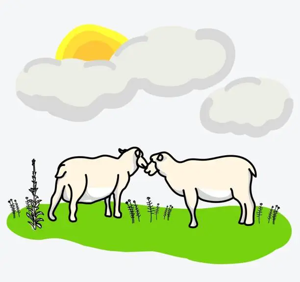 Vector illustration of Wooly Sheep In The English Countryside Sun And Clouds