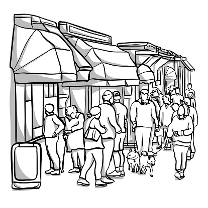 Small boutique shopping with crowded sidewalk full of pedestrians and even a few dogs on leashes.  Vector sketch illustration