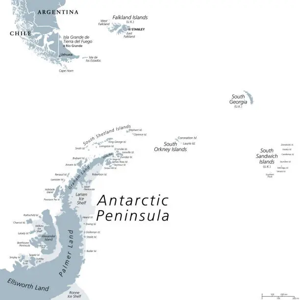 Vector illustration of Antarctic Peninsula area, from Patagonia to Antarctica, gray political map