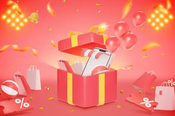 Vector illustration of 3D-style vector opening gift box podium and 3D elements are available for use on online shopping websites or in social media advertising.