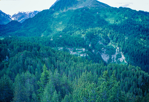 1989 old Positive Film scanned, the mountains view of Upper Engadine Valley, Engadine, Switzerland.