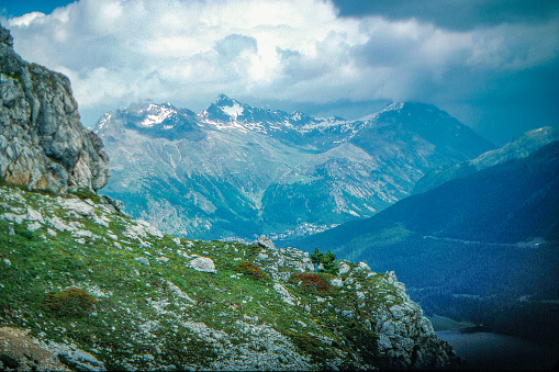 Mont Blanc Massif at twilight. Panoramic view includes Aiguille du Midi, Mont Blanc du Tacul, Mont Maudit, Dome du Gouter, Bossons and Taconnaz Glacier. Haute-Savoie (74), European Alps, France