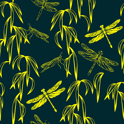 Dragonfly and leaf. Seamless pattern with tropical leaves, dragonflies. Silhouettes of jungle insects and plants. Botanical outline hand-drawn sketch. Yellow line on a dark blue. Vector illustration.