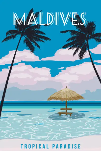 Vector illustration of Maldives travel poster tropical resort vintage