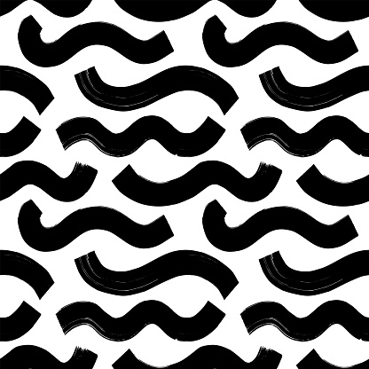 Black and white seamless wavy pattern. Curly grunge paint bold lines. Abstract background with wide grunge brush strokes. Vector geometric pattern. Black and white ornamental print for t-shirts