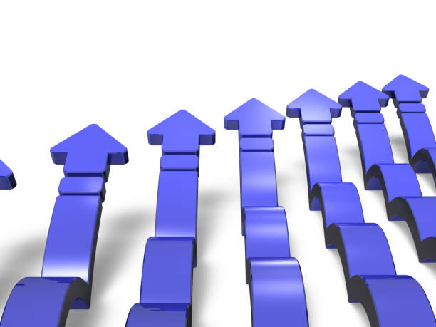 istock A lot of blue arrows that move forward while jumping. Abstract concept representing counterattack and recapture operations. 3D rendering. white background. 1484974591