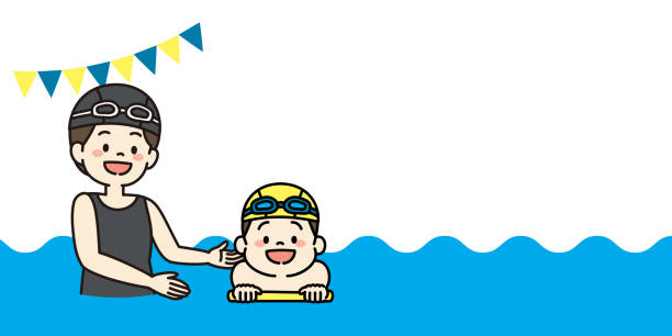 illustrazioni stock, clip art, cartoni animati e icone di tendenza di immagine di sfondo dell'insegnante e dello studente delle lezioni di nuoto per bambini - wading child water sport clothing