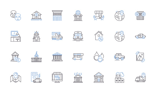 Urban area outline icons collection. Downtown, Skyscrapers, Traffic, Noise, Graffiti, Concrete, High-rises vector and illustration concept set. Bustle,Cityscape linear signs and symbols