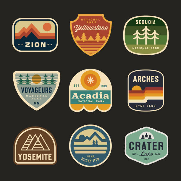 Retro National Park badges Custom designs inspired by US vintage national park badges and patches national park stock illustrations