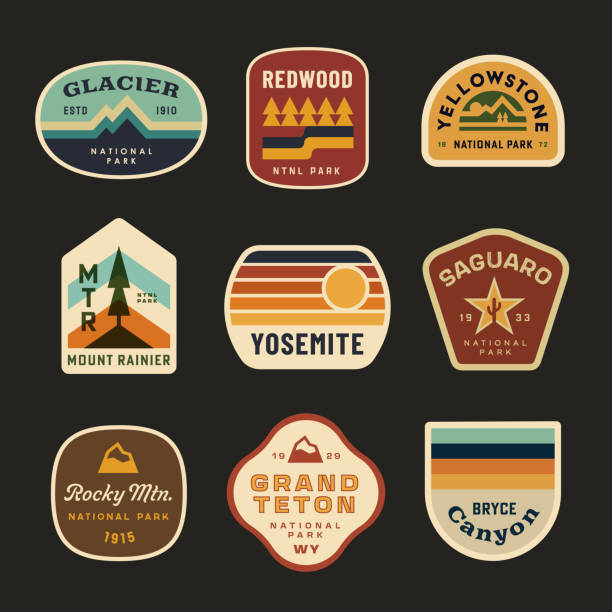 ilustraciones, imágenes clip art, dibujos animados e iconos de stock de insignias del parque nacional retro - parque nacional de las montañas rocosas
